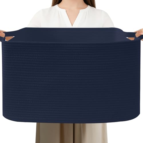 Large Blanket Basket,Woven Rope Basket Storage Bin with Handles,65L Rectangle Laundry Basket for Magazines,Toys,Clothes,Newspaper Shelf Organization,Nursery and Living Room,Navy - color: Navy, size: 21"x16"x12"(65L)