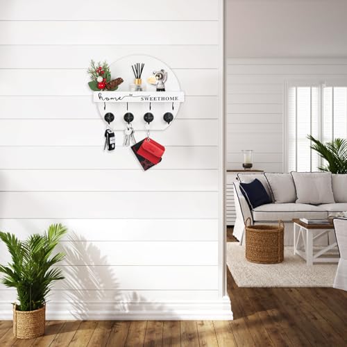 Key Holder for Wall, Key and Mail Holder Organizer - Key Holder Wall Mount with Bouquet Shelf and Key Hooks, Round Wooden Rustic Key Rack for Entryway and Home Decor (White&Black) - color: White&Black