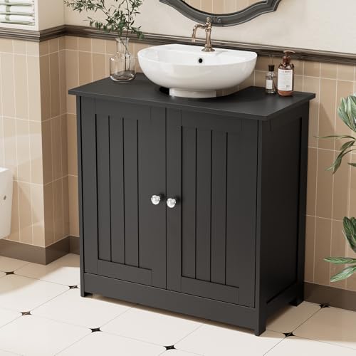 Bonnlo Pedestal Sink Storage Cabinet, 24" Black Under Sink Bathroom Storage Cabinet with 2 Doors and Adjustable Shelf, Traditional Bathroom Space Saver Organizer for Small Spaces, Water-Resistant - color: Black