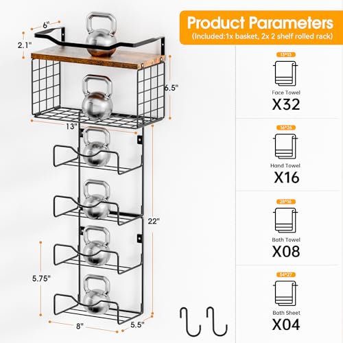 Towel Racks for Bathroom,Towel Rack Wall Mounted, 6 Tier Rolled Or Folded Towel Holder with Floating Shelves, Bathroom Towel Holder for Bath, Hand Towels,Metal and Wood - color: Vintage Brown Plank, size: J-type Black Rack