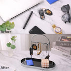 Shinpuru Metal Jewelry Organizer Stand & Key Holder Tray with Acrylic Base, Key Stand and Jewelry Tray with 5 Hooks, Perfect Key Bowl, Valet Key Tray, Ring Holder, Jewelry Dish (Silver Black) - color: Silver Black
