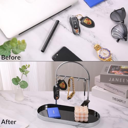 Shinpuru Metal Jewelry Organizer Stand & Key Holder Tray with Acrylic Base, Key Stand and Jewelry Tray with 5 Hooks, Perfect Key Bowl, Valet Key Tray, Ring Holder, Jewelry Dish (Silver Black) - color: Silver Black