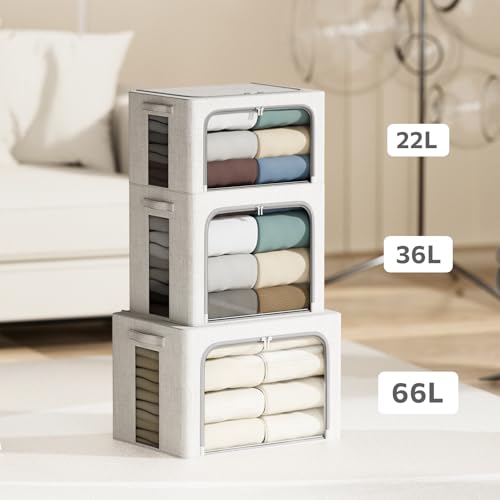 4 Pack Clothes Storage Bins with Metal Frame - 66L Stackable Storage Box with Lid，Foldable Storage Container Organizer for Clothes，Linen Fabric Storage Box with Clear Window＆Zippers＆Handles - color: Light Grey, size: 66L