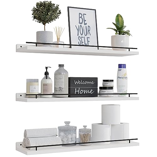 WOPITUES Floating Shelves 24 inch with Gold Metal Guardrail, Shelves for Wall Decor Set of 3, Wall Shelves for Bedroom, Bathroom, Kitchen, Living Room, Plants, Picture Frames, Art- Black and White - color: Black and White, size: 23.6 inch