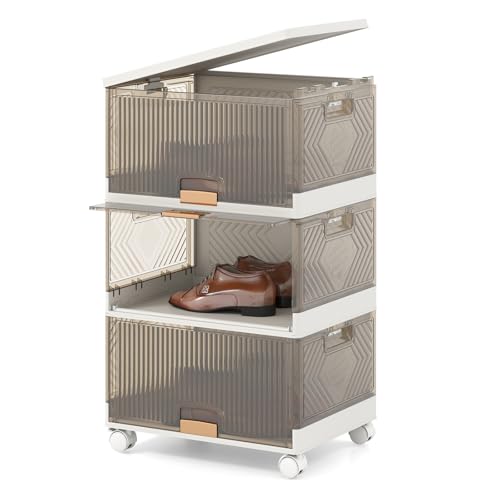 Giantex 3 Tier Stackable Storage Bins with Lids, 13.5 Gal Foldable Shoe Storage Box with Detachable Wheels & Flip-Up Doors, Collapsible Closet Organizers and Storage Bins - size: 13.5Gal-3Pack