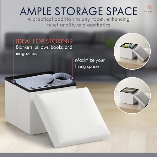 Ornavo Home Small Storage Ottoman Foldable Collapsible Cube Square Linen Ottoman Foot Rest Stool Seat, for Living Room, Bedroom, Home Office, Dorm - 12 x 12 x 12, White - color: White