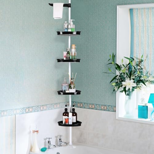 No-Drill Corner Shower Caddy Tension Pole, Rust-Resistant Bathroom Storage Organizer with 4-Tier Adjustable Shelves & Rubber Pad, 101.6''- 122'' Height, White & Black - color: Black & White