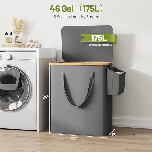 175L Laundry Hamper with Lid 3 Section, Extra Large Laundry Basket with 3 Removable Bags, 46 GAL Laundry Basket Organizer for Bedroom, Laundry Room, Dorm, Grey - color: Grey, size: 175L