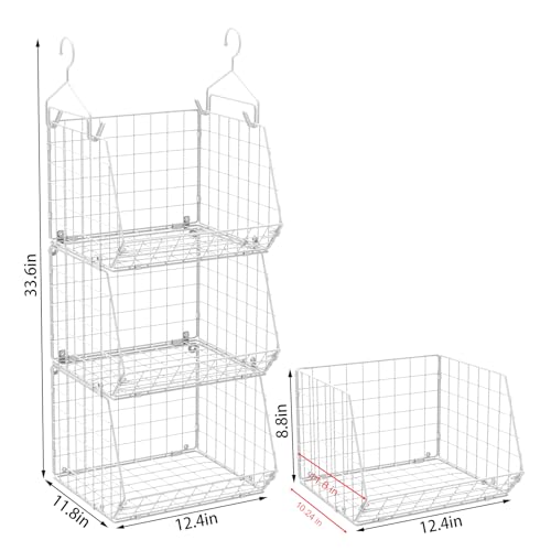 X-cosrack 3 Tier Foldable Closet Organizer, Clothes Shelves with 5 S Hooks, Wall Mount&Cabinet Wire Storage Basket Bins, for Clothing Sweaters Shoes Handbags Clutches Accessories-White Patent Design - color: White, size: 3-tier