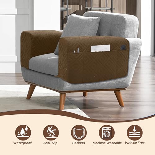 MEHIDFY Sofa Arm Cover, Waterproof Couch Armrest Protector, Anti-Slip Sofa Cover, Remote Holder for Armchair, Recliner Caddy with 3 Pockets for TV Remote, Phone, Pad, Pen, Book(Brown 2pcs) - color: Brown