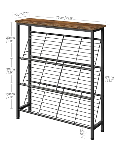CHOEZON Shoe Rack, 4-Tier Narrow Shoe Storage Shelf, Slim Shoe Rack with Wooden Top and Metal Shelves, Slanted Shoe Organizer, Industrial Style, for Entryway, Hallway, Rustic Brown and Black TXJ76BF