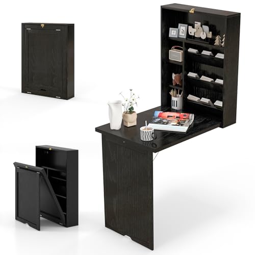 Tangkula Foldable Wall Mounted Desk, Floating Desk with Storage Shelves & Hooks, Space-Saving Fold-Up Murphy Table for Small Spaces, Home Office, Dorm Room - color: Black