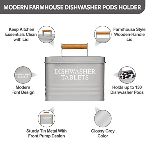 Calindiana Modern Farmhouse Metal Dishwasher Pods Container with Lid for Kitchen Organization and Storage, Kitchen Essentials Decor Accessories, Dishwasher Pods Holder, Grey - color: Grey