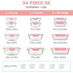 34pcs Glass Food Storage Containers with Lids Set, Airtight Glass Meal Prep Containers (17 Containers & 17 Lids), Leak Proof Lunch Container BPA-Free, Microwave, Oven, Freezer, Dishwasher Safe-PINK - color: PINK