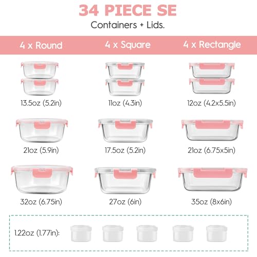34pcs Glass Food Storage Containers with Lids Set, Airtight Glass Meal Prep Containers (17 Containers & 17 Lids), Leak Proof Lunch Container BPA-Free, Microwave, Oven, Freezer, Dishwasher Safe-PINK - color: PINK