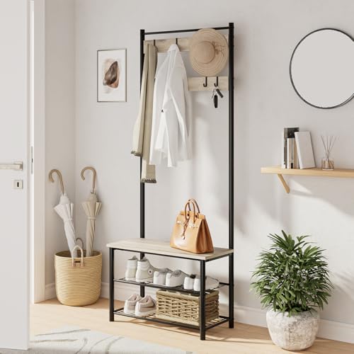 Hall Tree with Bench and Shoe Storage, 3-in-1 Coat Rack, Freestanding Wooden Coat Rack with Shoe Bench with Metal Frame, 3-Tier Storage Shelf and 9 Removable Hooks, Greige - color: Greige