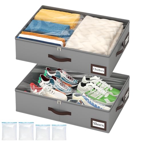 OIAHOMY 2 Pack Under Bed Storage with 4 Compression Bags, Underbed Organizers for Bedroom & Closet, Fits Beds Higher than 5.9", Space-Saving for Seasonal Clothes, Blankets & Shoes - Grey - color: Grey, size: 23.62" x 16.54" x 5.9"