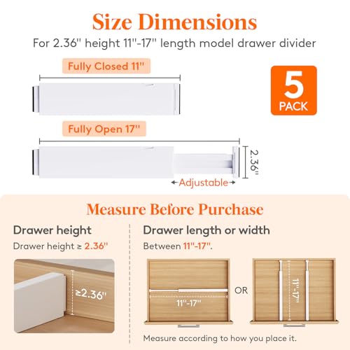 Lifewit 5 Pack 2.36" High Drawer Dividers 28-43.5cm/11-17" Adjustable Drawer Organizer for Clothes/Utensils, Expandable Drawer Separator in Dresser/Kitchen/Bedroom/Office Organization & Storage White - size: 2.36"H, 11-17"L
