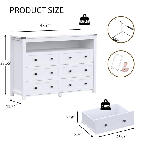 Dresser for Bedroom with 6 Drawers, Wide Chest of Drawers with LED Light and Power Outlet, Wooden Closet Organizer Clothes Storage Cabinet, Modern Double Dressers for Living Room, Hallway, White - color: White, size: 15.8"D x 47.2"W x 39.4"H (6 Drawers)