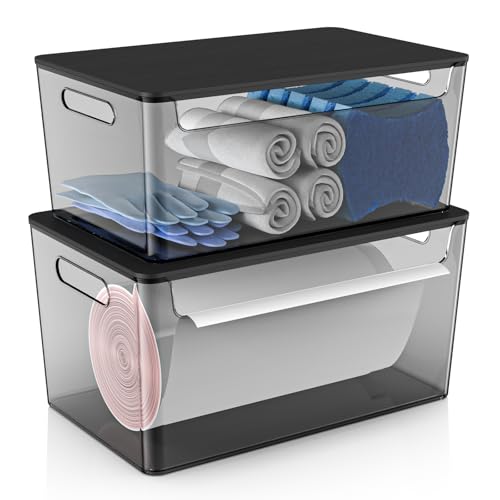 COAZEX 2 Pack Trash Bag Holder Under Sink Stackable, Plastic Garbage Bag Dispenser with Lid, Trash Bag Storage Dispenser Roll Holder for Kitchen, Pantry, Laundry Room Organization (Black) - color: B-Black