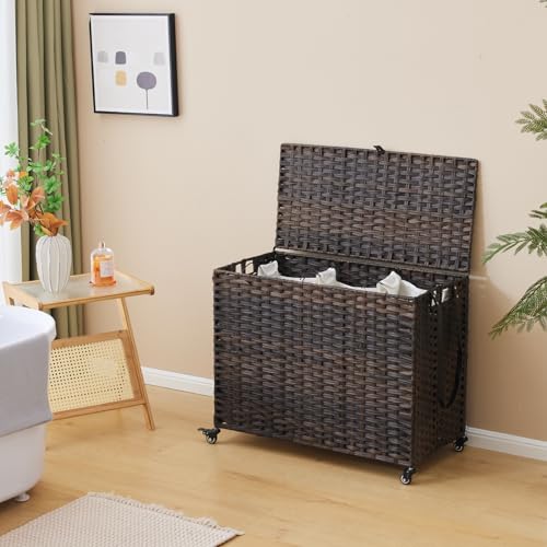 Laundry Hamper with Wheels, 52.8 Gallon(200L) Rolling Laundry Basket with Lid, 3-Section Rattan Clothes Hamper with 3 Removable Liner & 3 Mesh Bags, Laundry Sorter with Side Pocket, Brown - color: Brown, size: 200L（31.5 x 15.75 x 25.6 Inches）