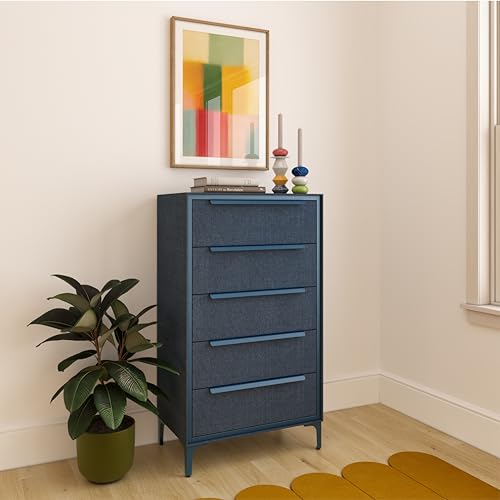 tinge Naima Premium Fabric Dresser - Strong Metal Frame, 5 Spacious Sag-Proof Drawers with Sleek Metal Handles - Premium & Durable Storage Solution for Your Home (Navy) - color: Ocean Blue (Navy), size: 14"D x 23.5"W x 41.8"H (5 Drawers)