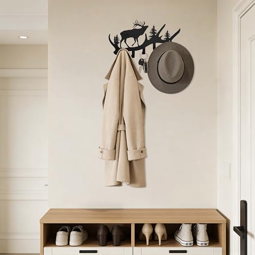 Elk Antler Key Holder Wall Mount – Rustic Key Rack for Wall with Hooks, Black Metal Deer Key Hanger, Wall-Mounted Key & Coat Hooks for Entryway, Cabin or Mudroom - color: Elk Antler