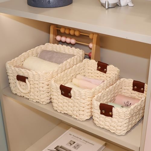 Small baskets for Organizing,Cute woven Storage basket with recycled paper rope for Shelves Bathroom,Little decorative basket,Set of 3 (Beige) - color: Beige