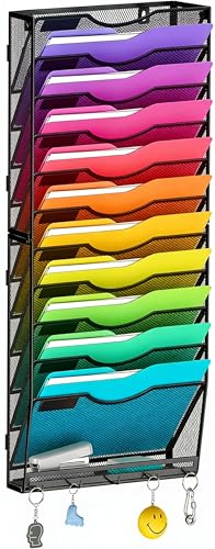 Gawerk Hanging Wall File Organizer with 5 Hooks - Wall Mounted Mail Paper Document Folder Holder, Sturdy Mesh Magazine Rack for Office Home (12+1 Tier) - size: 12+1 Tier