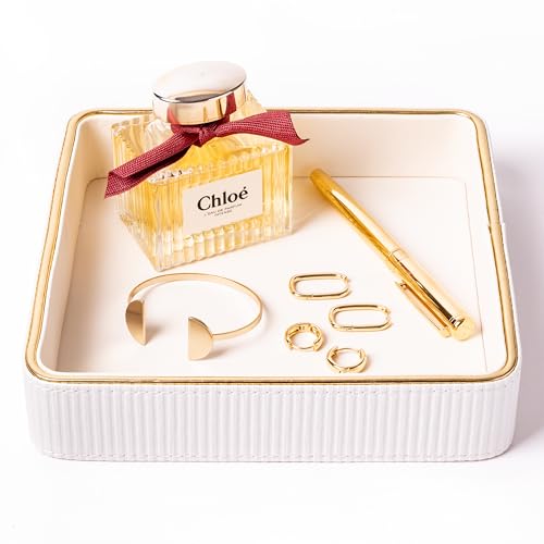 Small Night Stand Organizer Nightstand Tray Bedside Table Organizer Women| Dresser Trays for Bedroom Leather Valet Trinket Tray Catch All| Purse Bowl for Women| Desk Trays - color: White 1 Pack, size: 8" x 8" x 1.8"