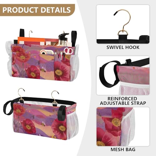 Bedside Caddy Metal Frame Hanging Organizer Bunk Bed Dorm Accessories Hook And Loop Storage Bag Large Pockets Dotty Poppy Flowers and Bees - color: Dotty Poppy Flowers and Bees
