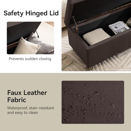 WUTUTUEE 41" Faux Leather Storage Ottoman, Stitch Tufted Rectangle Upholstered End of Bed Storage Bench, Entryway Large Couch Ottoman with Wooden Legs,Brown - color: Brown, size: 41 Inch