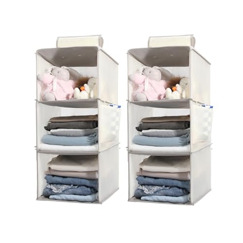 2 Packs Hanging Closet Organizer Storage, 3-Shelf Hanging Shelves for Closet, Closet Clothes Organizer and Storage with Side Pocket, Beige - color: Beige, size: 3 Shelves
