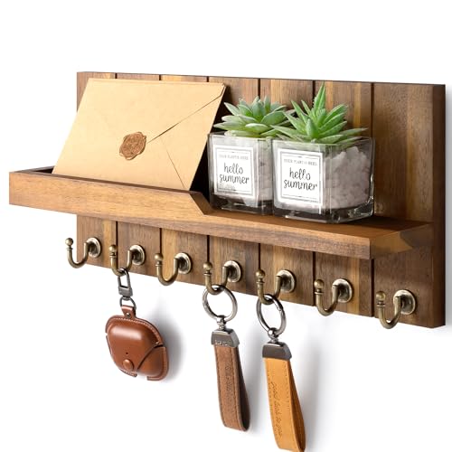 Rebee Vision Acacia Wood Key Holder Wall Mount for Home Decor - Key Holder for Wall with Floating Shelf for Hanging Coats & Hats - to Elevate Farmhouse Decor (Acacia Wood, 3.54''×15''×7.28'') - color: Acacia Wood, size: 15-inch