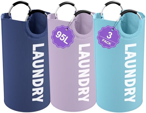 95L 3Pack Large Laundry Hamper, Foldable Laundry Basket with Handles, Dirty Clothes Basket in 600D Oxford Fabric, Clothes Hampers for Bedroom, Living Room, Bathroom, Purple + Navy Blue + Blue - color: Purple + Navy Blue + Blue, size: L-95L