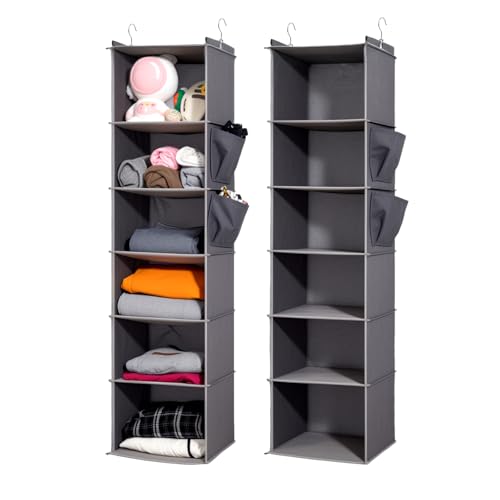 2 Packs Hanging Closet Organizer, 6-Shelf Closet Organizers and Storage with Side Pockets, Collapsible Hanging Shelves for Closet & RV & College Dorm,Grey - color: Grey, size: 2 # 6 Shelves