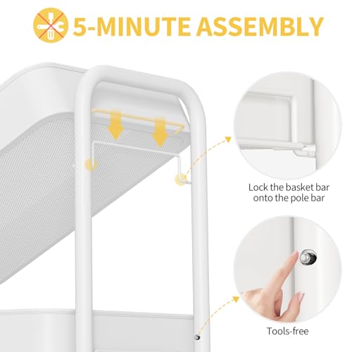 TOOLF 4-Tier Rolling Cart - Metal Storage Organizer with Lockable Wheels, 44 lbs Per Shelf Capacity, Tool-Free Assembly, for Kitchen Bathroom Office Laundry Room Nursery, White - color: White, size: 4-Tier