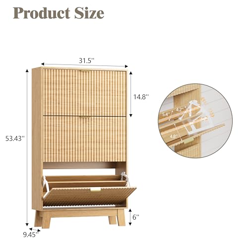 HUANLEGO Shoe Cabinet Storage for Entryway with 3 Flip Drawers, Fluted Narrow Shoe Organizer with Wooden Legs, Freestanding Slim Shoe Storage Hidden Shoe Rack Organizer for Front Door Entrance, Oak - color: Oak, size: 3 Drawer