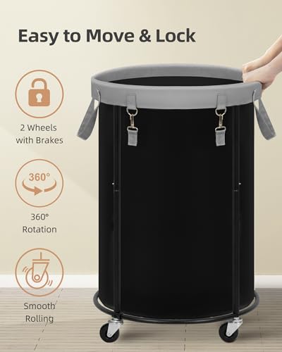 STORAGE MANIAC Rolling Laundry Hamper with Wheels 110L Laundry Basket, Round Laundry Cart with Metal Frame and Removable Bag, Clothes Hamper for Bedroom, Bathroom, Dorm Room, Laundry Room, Black - color: Black