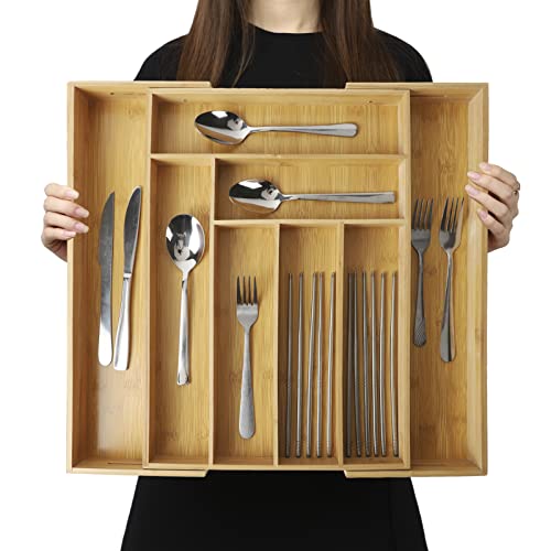 BAMOTTO CRAFTBAMBOO Expandable Bamboo Kitchen Drawer Organizer – Silverware Organizer, Utensil Holder & Cutlery Tray Drawer Dividers for Flatware (20"x16.9" Large Size, 8 Slot, Natural) - color: Bamboo (Expandable Adjustable), size: 16.9" L x 12.8-20" W x