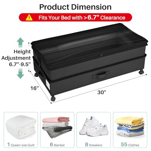 Kitstorack 2Pack Height-adjustable Under Bed Storage with Wheels, Under Bed Storage Containers,Under Bed Shoe Storage Organizer with Clear Window&Label, Suitable for Clothes Storage, Black - color: Black, size: 2 Pack