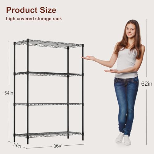 BestOffice | 4-Tier Wire Storage Shelves | 36x14x54 | Black | with Adjustable Racks | Heavy-Duty Metal Shelf, Holds Upto 1000 lbs | No-Tool Assembly | Ideal for Home & Garage Shelving - color: Black, size: 36"D x 14"W x 54"H