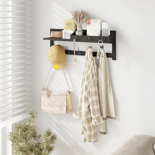 AMBIRD Wall Hooks with Shelf, 26.57 Inch Entryway Wood Coat Hooks for Wall, Coat Rack Wall Mount Rack with 5 Dual Hooks 3 Key Hooks Mail Organizer and Key Rack Key Holder (Black) - color: Black, size: 26.57" L