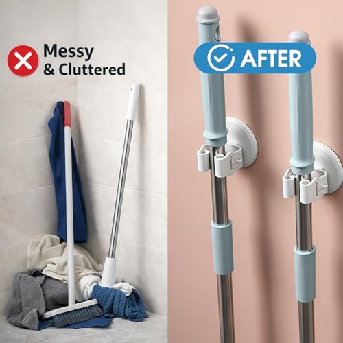Anti-Slip Broom Holder, Damage-Free Wall Mount Organizer, No Drilling Space-Saving Storage Rack for Mops, Brooms, Umbrellas and Tools