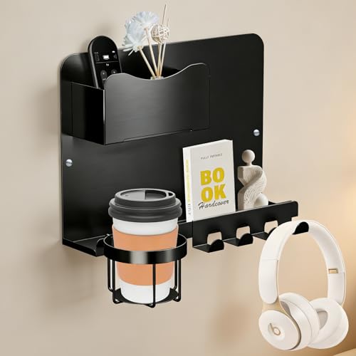 SPOKKI Floating Bedside Wall Shelf Organizer with Remote Control Holder;Metal Adhesive Wall Mount Nightstand Shelf for Bedroom;Dorm Room Essentials;Bed Shelf for Phone,Earphone,Kindle (Black) - color: Black