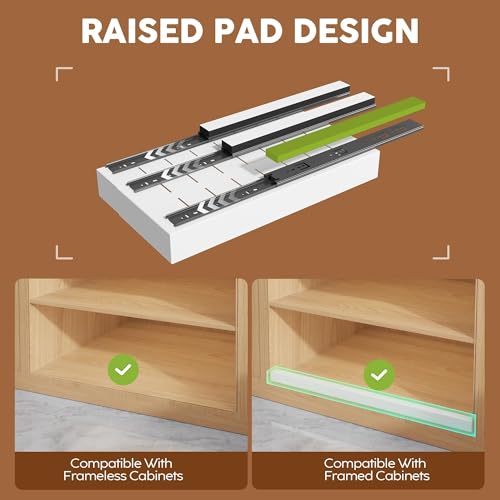 Seinloes 4 Pack Expandable Width (9"-14.1") Pull Out Cabinet Organizer 21" Deep with Raising Pad for Framed Cabinets, Upgrade 3 Slide Rails Slide Out Drawers, Roll Out Shelves Adhesive, White - color: White, size: 21"D x 9"-14.1"W(4Pack)