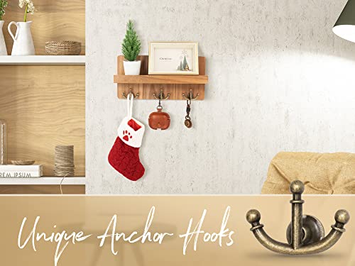 Rebee Vision Farmhouse Key Holder for Wall: Decorative Small Mail Organizer with Shelf and Rustic Mail Holder with 3 Anchor Key Hooks - Retro Home Decor Wall Mount for Entryway, Hallway (Light Brown) - color: Light Brown