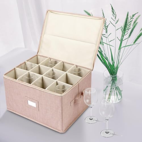popoly Wine Glass Storage Box 2 Pack, Stemware Storage Containers Cases with Dividers, Stackable Moving Supplies for 24 Wine Glasses, Drinkware, Glassware or Crystal, (Beige) - color: Beige 2PACK