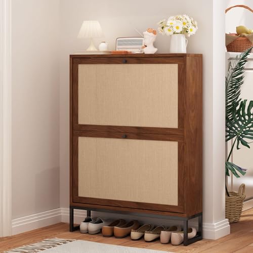 AVZEAR Freestanding Shoe Organizer with 2 Flip Drawer Doors, Entryway & Closet Shoe Storage, Linen Doors, Walnut - color: Walnut, size: 2 Drawers Single Layer