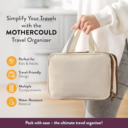 Kids Travel Organizer – Multi-Compartment, Water-Resistant Hanging Bag for Toys, Snacks, & Activities - Compact, Lightweight Design with Hook & Carry Handle - Perfect for Travel Use (Beige, Small) - color: Beige, size: Small